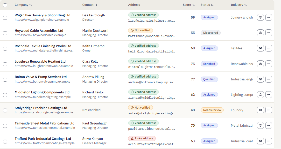 The All leads table filtered to Ltd: company, contact, address, score, status and industry for nine fictional companies. Most addresses show Verified address, two show Not verified and one shows Risky address.