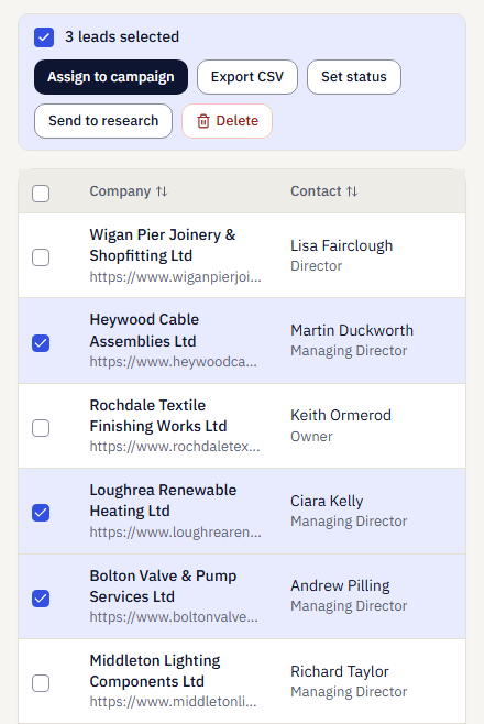The All leads table with three companies ticked and a bar reading 3 leads selected, with the buttons Assign to campaign, Export CSV, Set status, Send to research and Delete.
