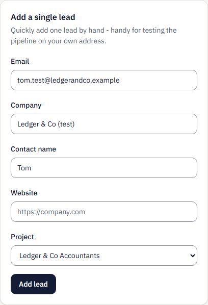 The Add a single lead form, described as handy for testing on your own address: email tom.test@ledgerandco.example, company Ledger & Co (test), contact name Tom, project Ledger & Co Accountants and an Add lead button.