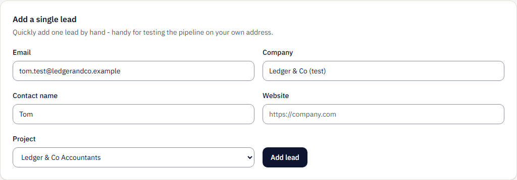 The Add a single lead form, described as handy for testing on your own address: email tom.test@ledgerandco.example, company Ledger & Co (test), contact name Tom, project Ledger & Co Accountants and an Add lead button.