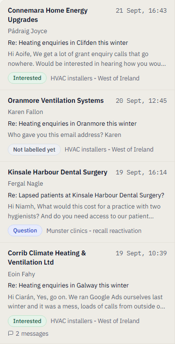 The Replies list: four conversations with company, contact, subject, a preview of the reply, a label (Interested, Not labelled yet, Question, Interested) and the campaign name.