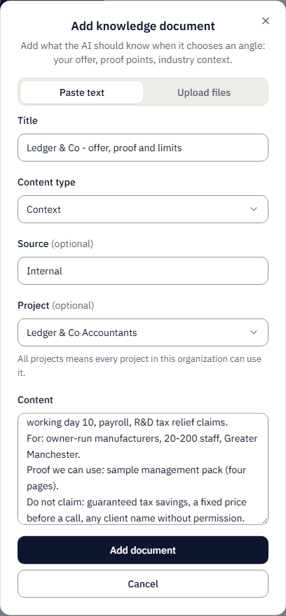 The Add knowledge document dialog with a title, content type Context, source Internal, the project Ledger & Co Accountants and content listing the offer, who it is for, proof that can be used and claims not to make.
