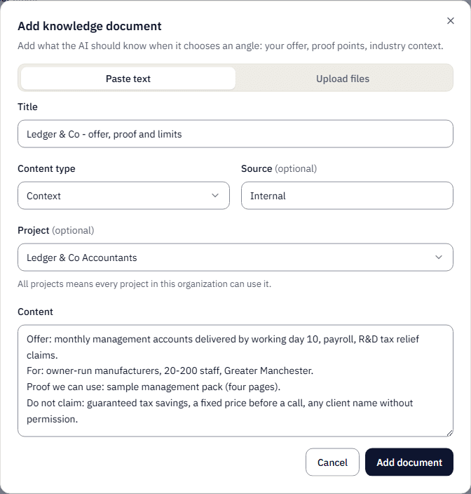 The Add knowledge document dialog with a title, content type Context, source Internal, the project Ledger & Co Accountants and content listing the offer, who it is for, proof that can be used and claims not to make.