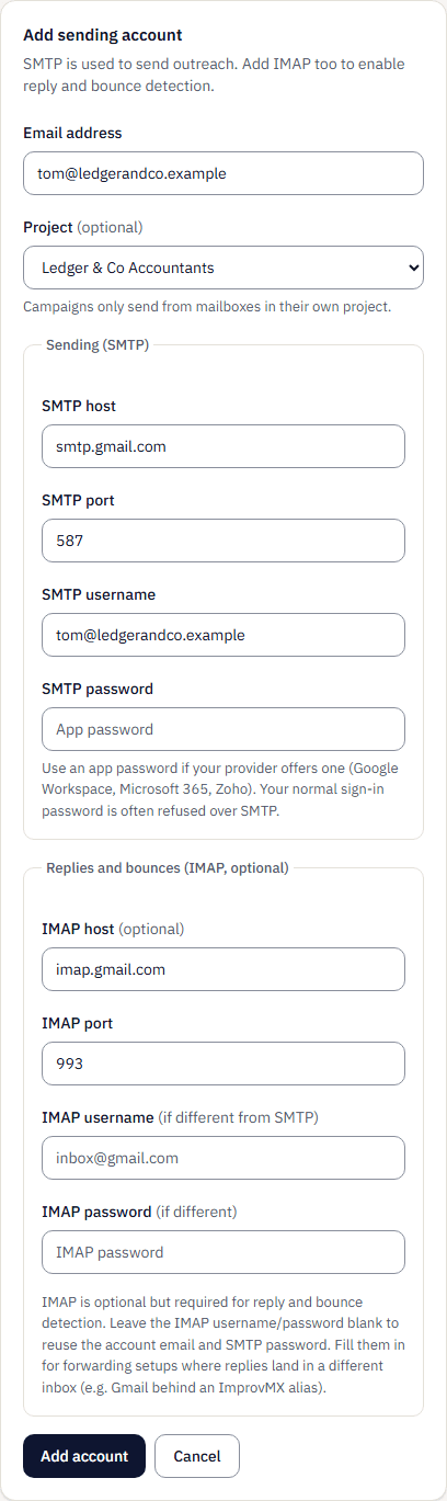 The Add sending account form: email address, project Ledger & Co Accountants, SMTP host smtp.gmail.com and port 587, SMTP username, an SMTP password field asking for an app password, and IMAP host imap.gmail.com with port 993.