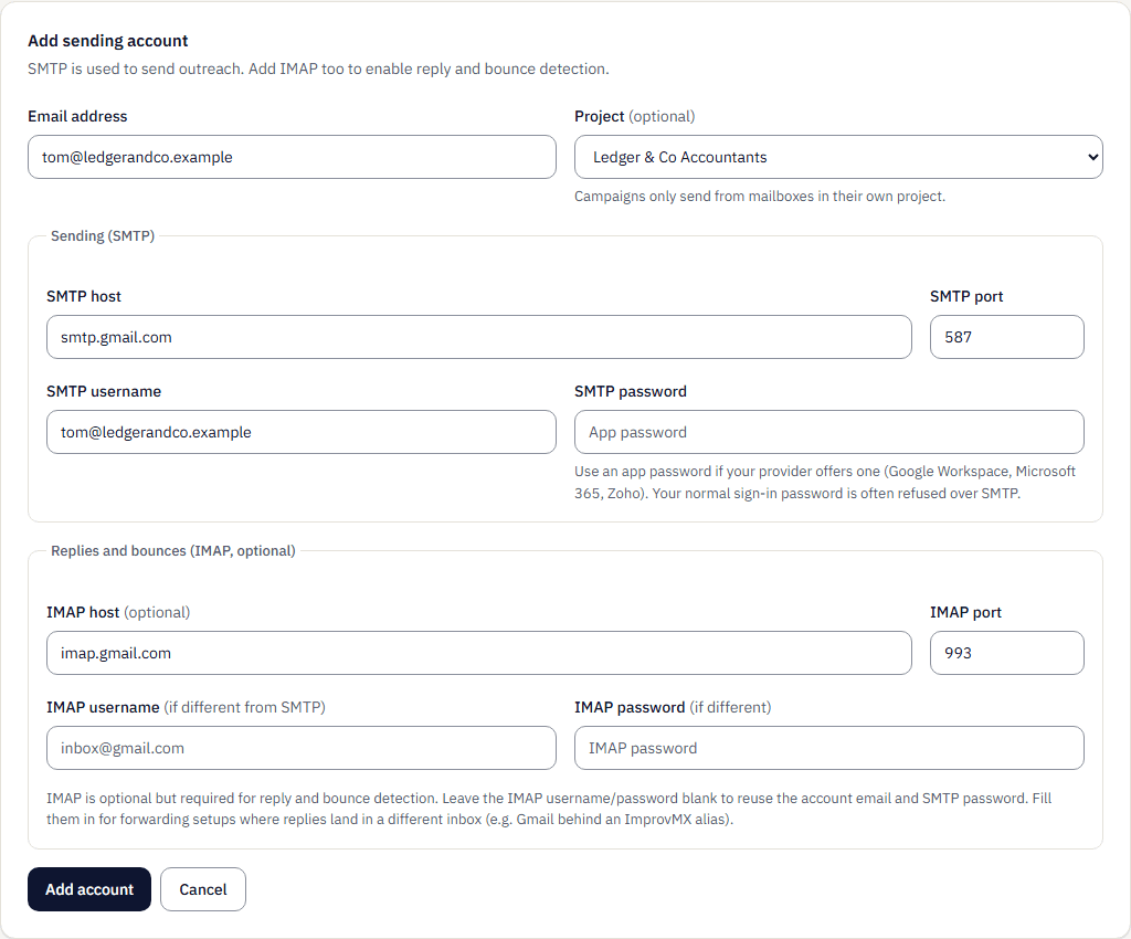 The Add sending account form: email address, project Ledger & Co Accountants, SMTP host smtp.gmail.com and port 587, SMTP username, an SMTP password field asking for an app password, and IMAP host imap.gmail.com with port 993.